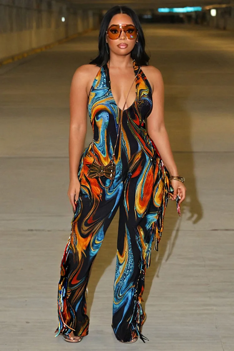 Deep V Halter Backless Swirl Print Fringe Vacation Jumpsuit-Black [Pre Order]