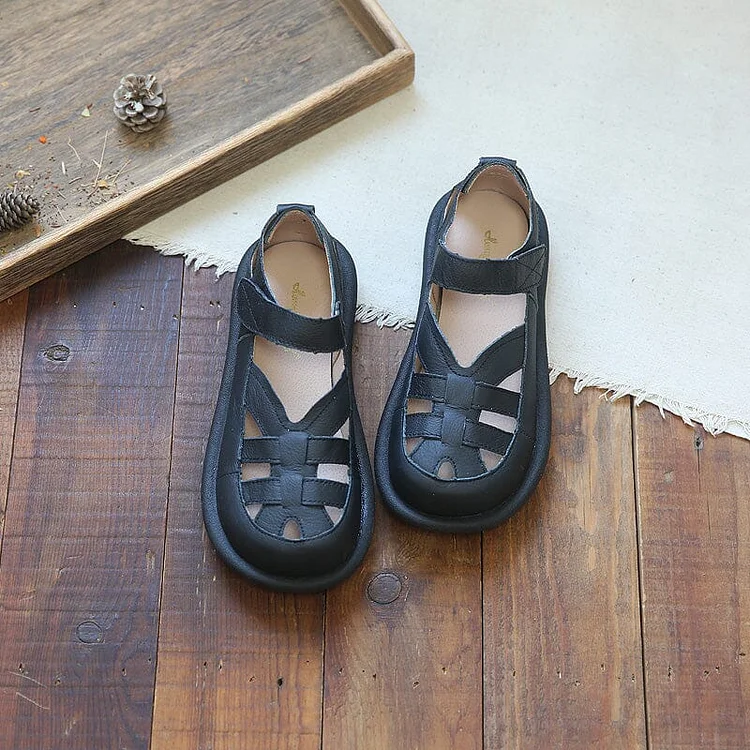 Women Summer Retro Hollow Leather Velcro Sandals