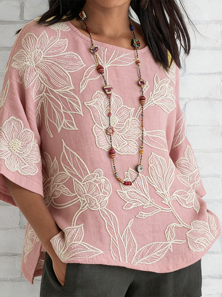 Plant Flower Embroidery Design Linen Shirt elevenforest