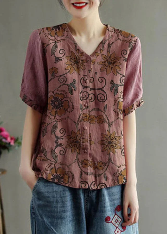 Loose Pink-flower V Neck Embroidered Floral Summer Linen Shirt