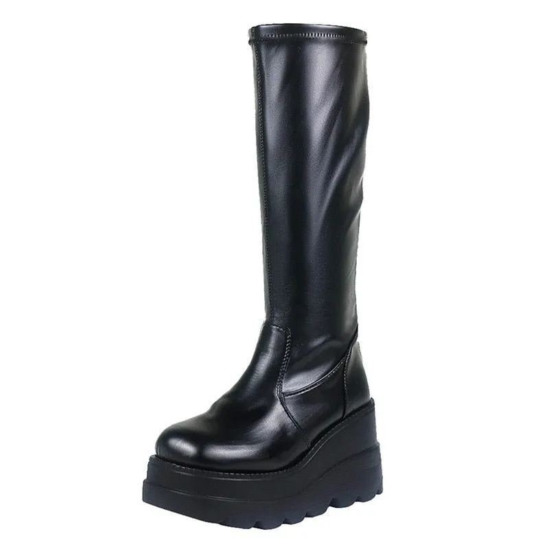 PU Leather zipper Black Mid Calf Women's Boots High Heel Platform Boots Women Wedge Motorcycle Boots Flat Shoes For Women 2021