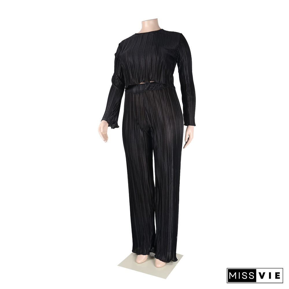 Pleated Loose Blouse Crop Top Wide Leg Pants Outfits