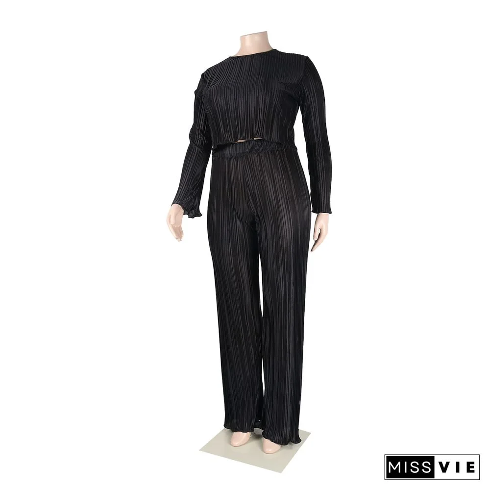 Pleated Loose Blouse Crop Top Wide Leg Pants Outfits