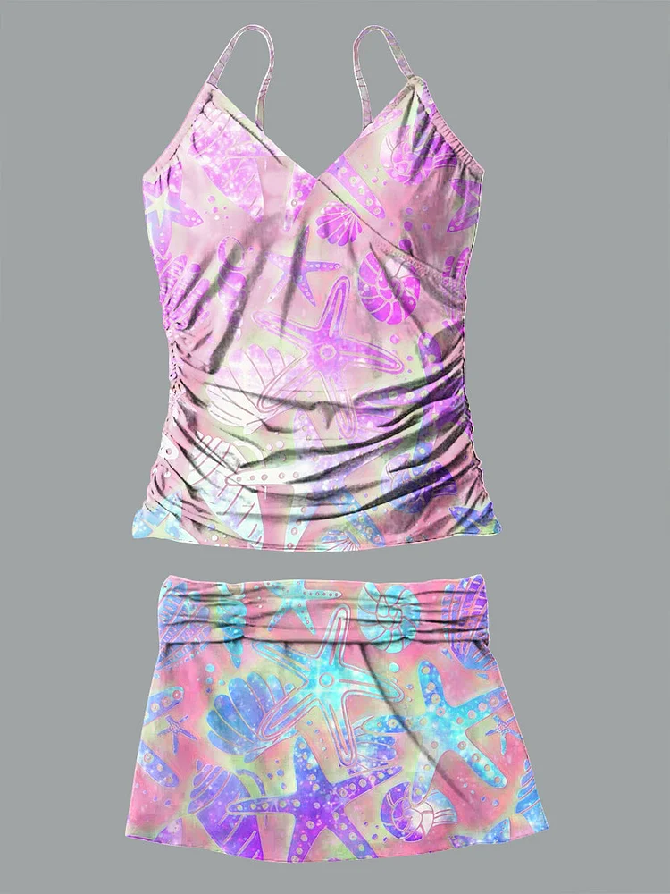 Starfish and shells ocean pattern print suspender skirt bikini V-neck suit swimsuit