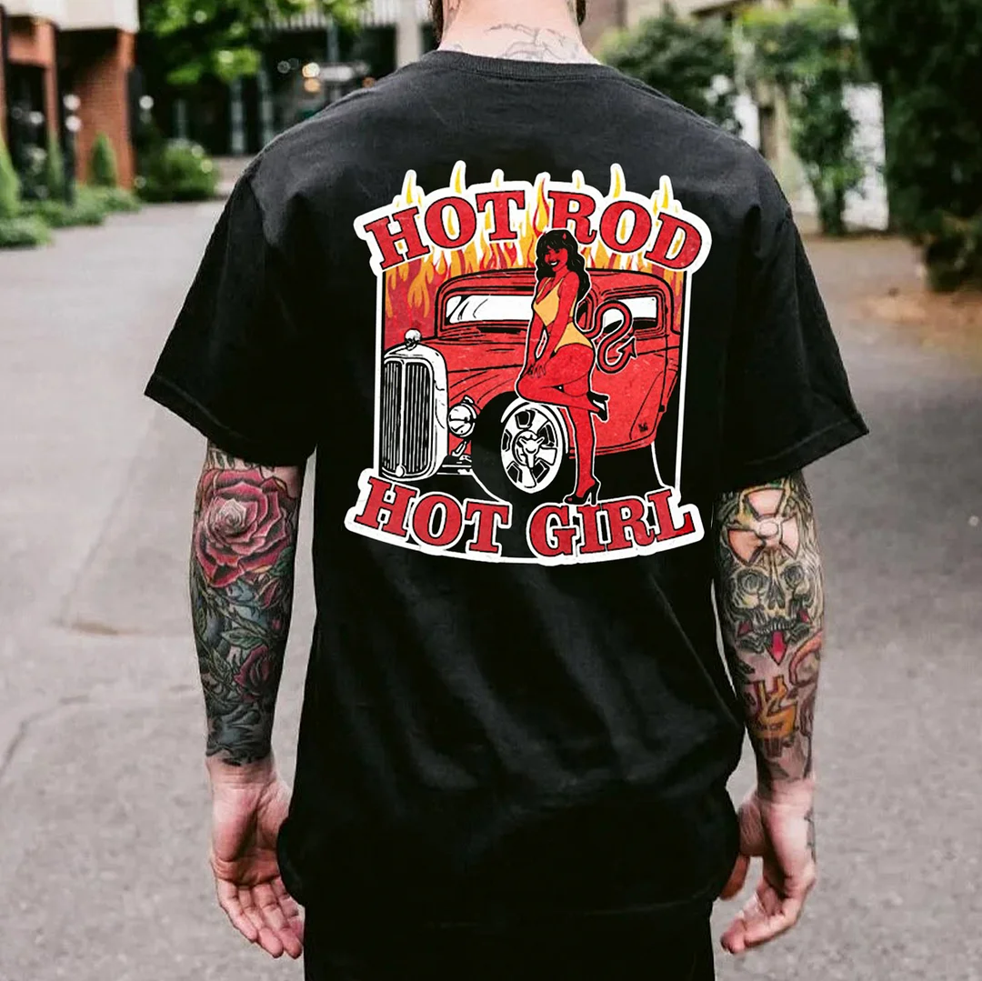 HOT ROD HOT GIRL Sexy Devil Lady Classic Car Print Men's T-shirt