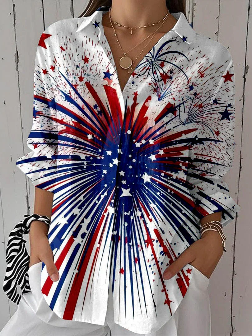 Women 3/4 Sleeve Shirt Collar National Flag Striped Printed Graphic Button Tops