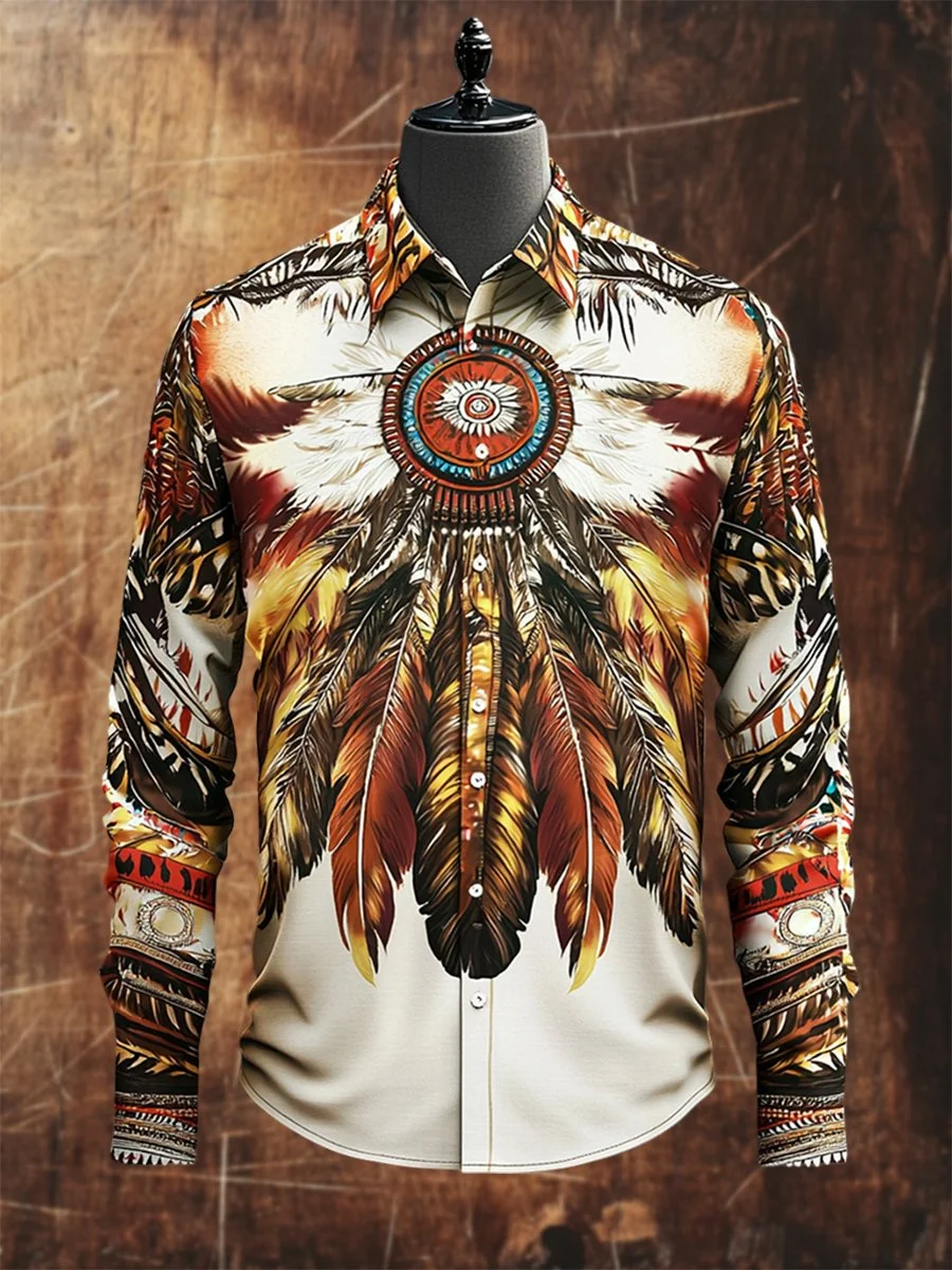 Men's Retro Casual Western Ethnic Print Long Sleeve Shirt 