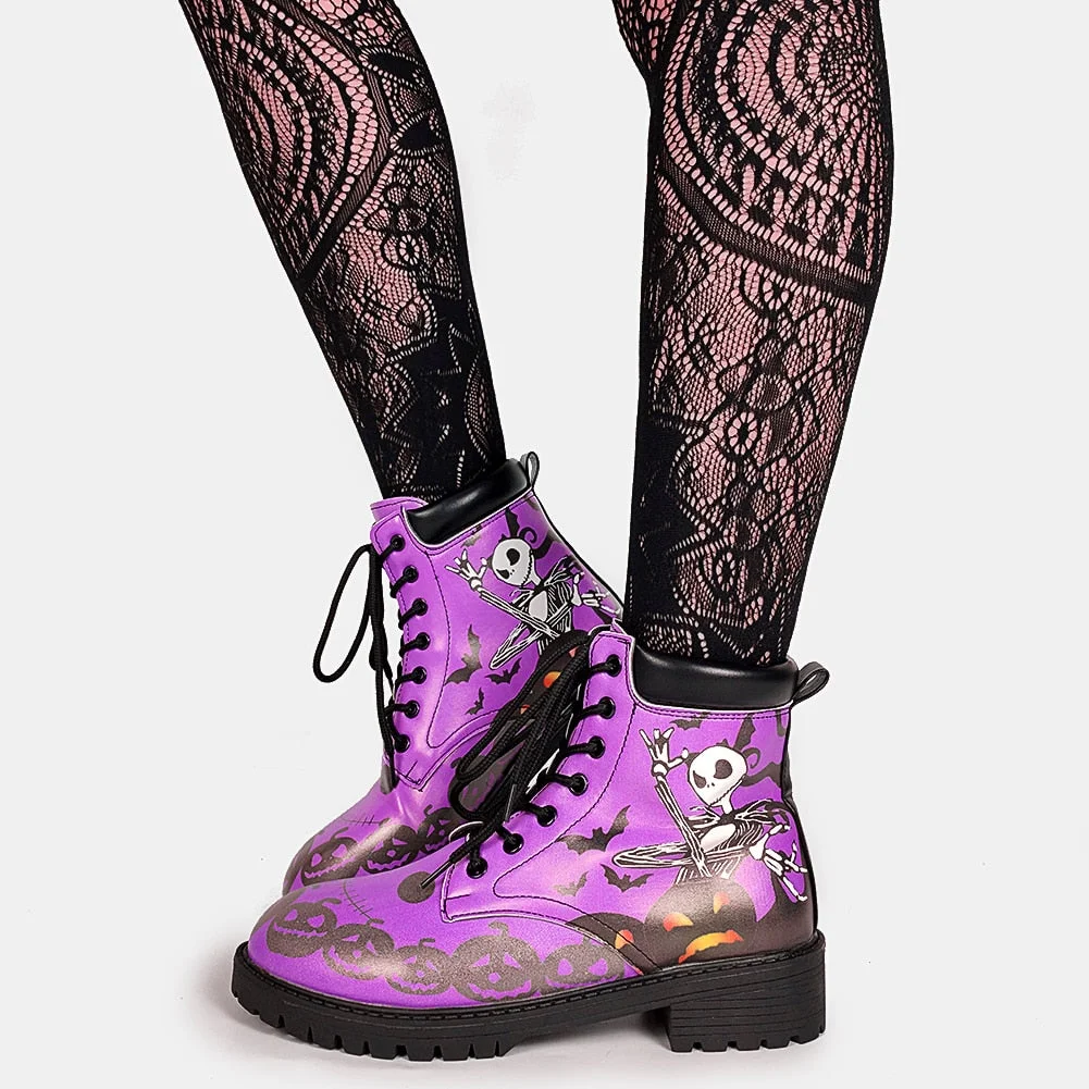Brand Big Size 43 Cool Skulls Butterfly Rose Flowers Printed Gothic Style Ankle Booties Fashion Boots Street Women Shoes