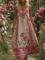 Women's Vintage Floral Embroidery V Neck Tank Midi Dress