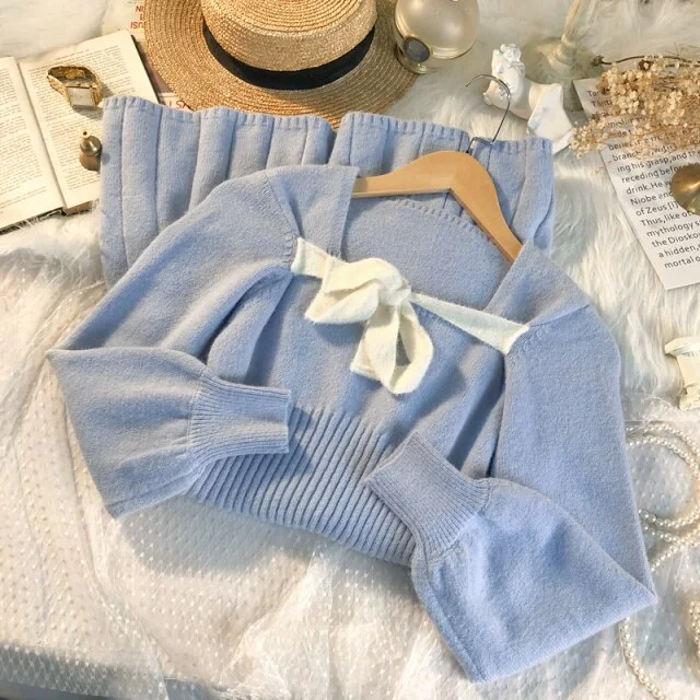 Korean Kawaii Blue Elegant Vintage Knitted Dress SP16863