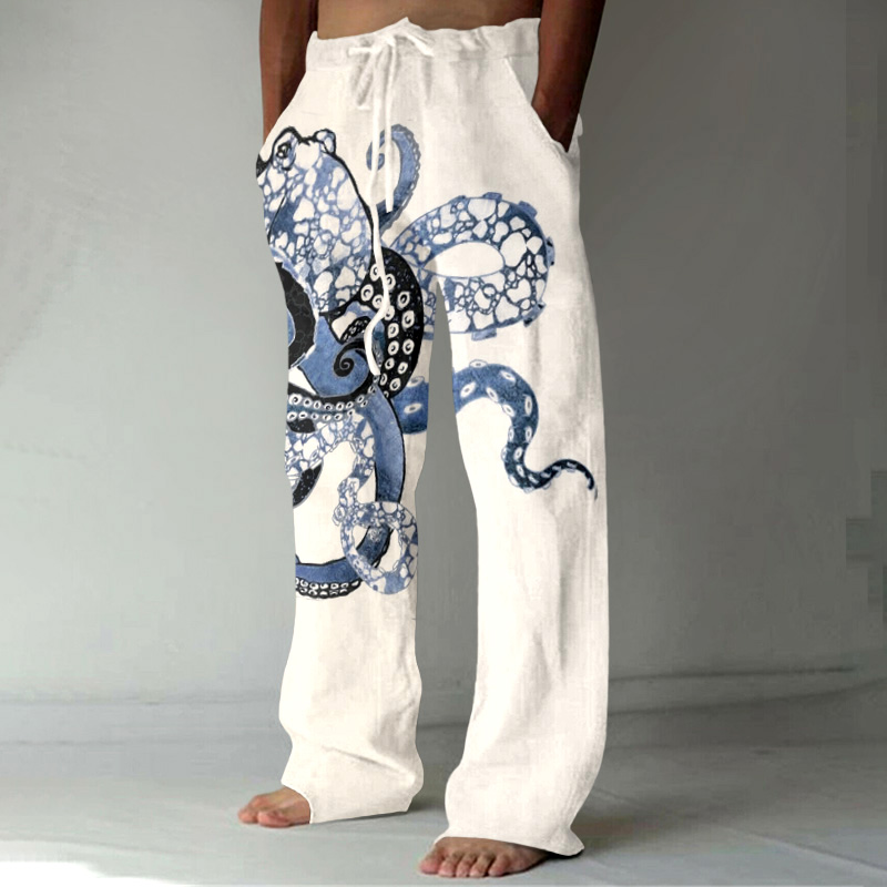 Japanese Art Octopus Print Linen Blend Casual Pants wearshes