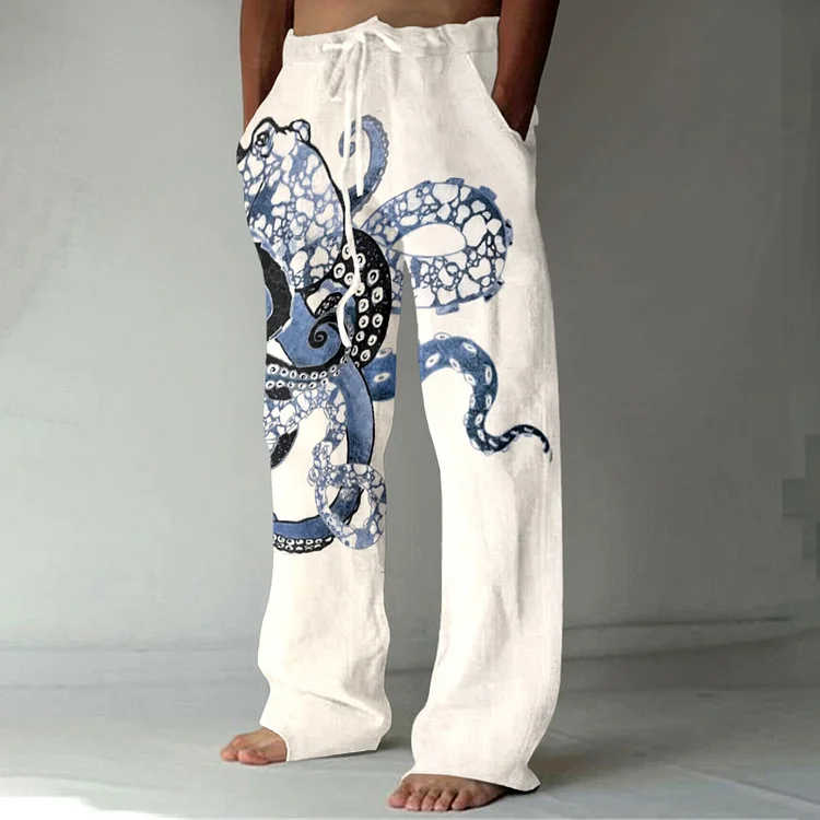 Japanese Art Octopus Print Linen Blend Casual Pants