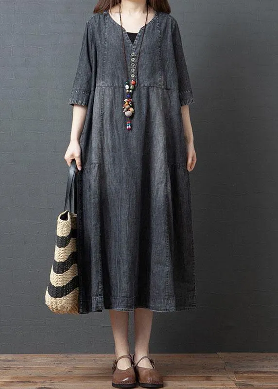 Handmade Blue V Neck Button Patchwork Fall Denim Half Sleeve Maxi Dress