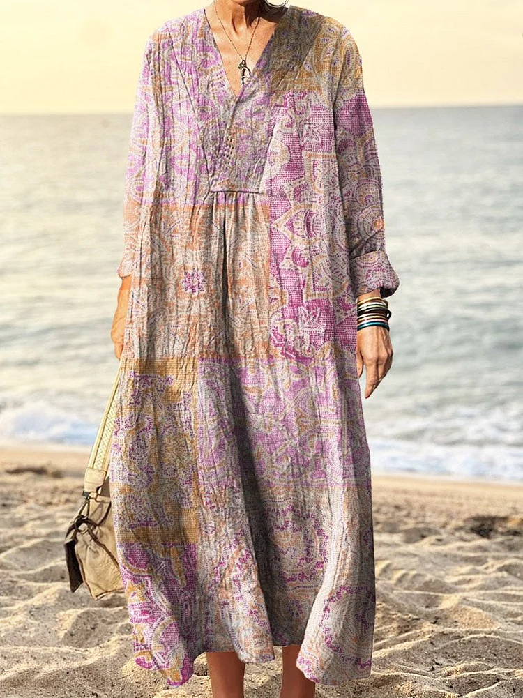 Women's Vintage Stitching Floral Print Dress Printed V Neck Long Sleeve Dress
