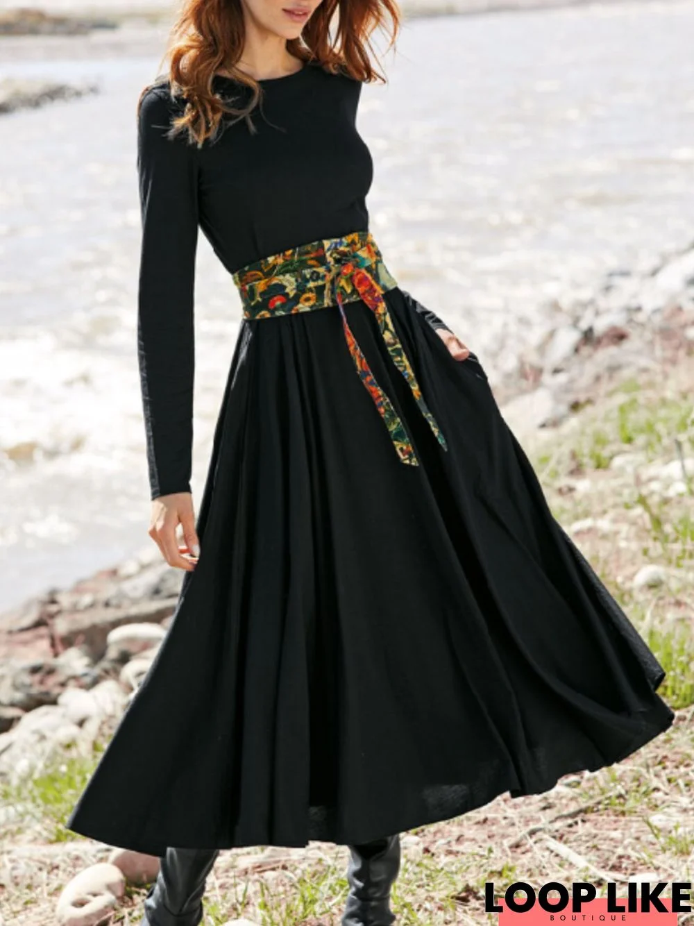 Women Casual Plain Autumn Belt Natural Midi Long sleeve Crew Neck Regular Dresses
