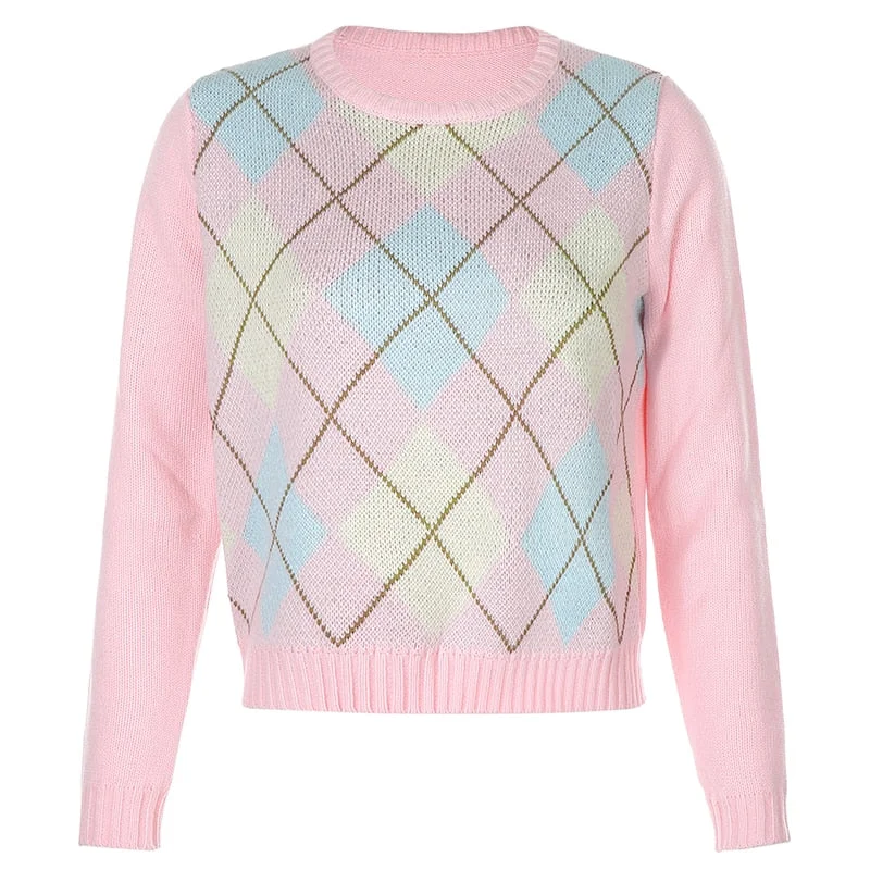Pink Argyle Plaid Knitted Long Sleeve Autumn woman sweaters Preppy Style Cute Jumpers Winter Fashion Knitwear  fall 2020 tops