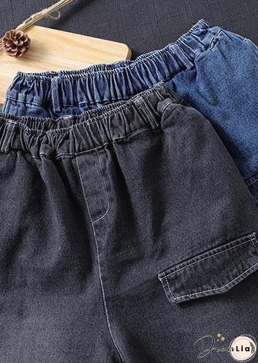 Handmade Spring Casual Pants Oversize Denim Blue-little flower Photography Elastic Waist Trousers