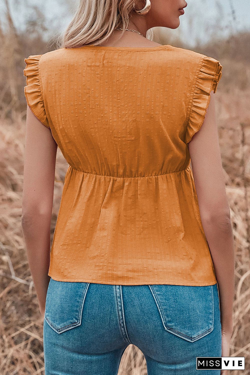 Elegant Solid Stringy Selvedge V Neck Tops