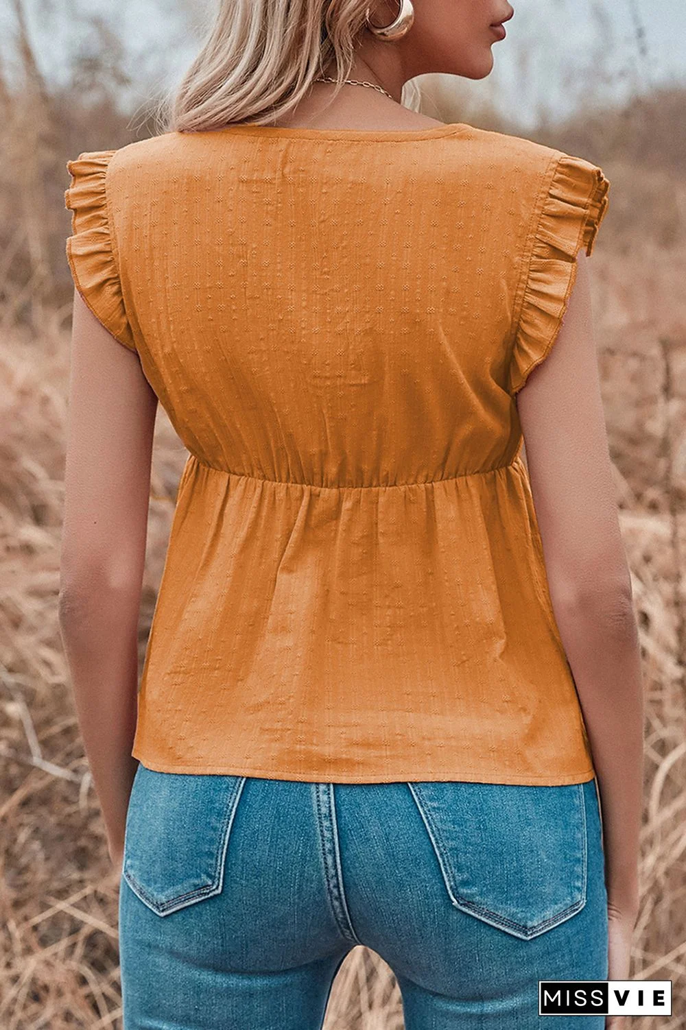 Elegant Solid Stringy Selvedge V Neck Tops