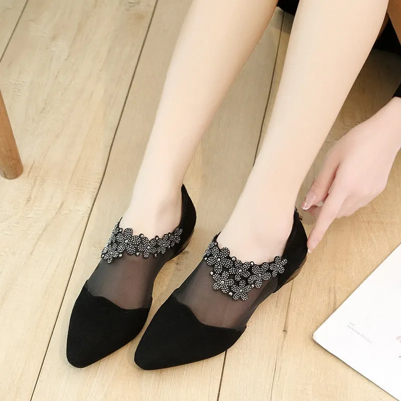 Sandals for Women 2021 Fashion Rhinestone Sandals Women Flowers Low Heel Sandals Women Mesh Plus Size Sandals Sandalias Mujer