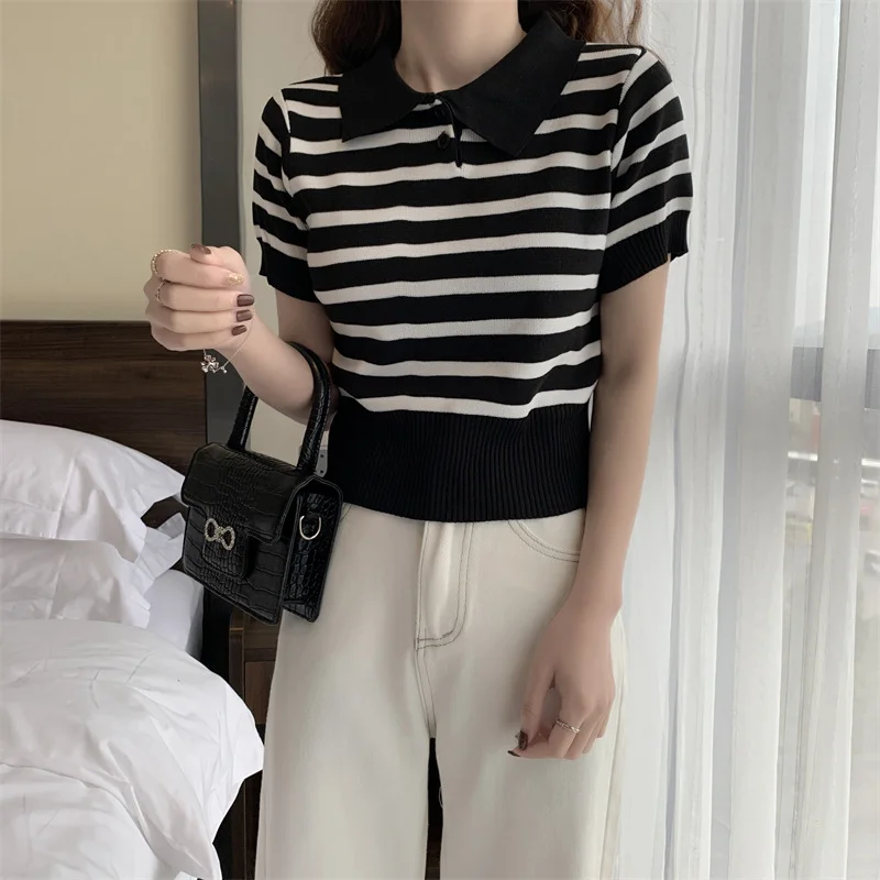Uveng Uveng T-Shirt Design Sense Of Summer Korean Chic Hong Kong Chic Straight Shoulder-Repair Striped Knitting Top In Tide
