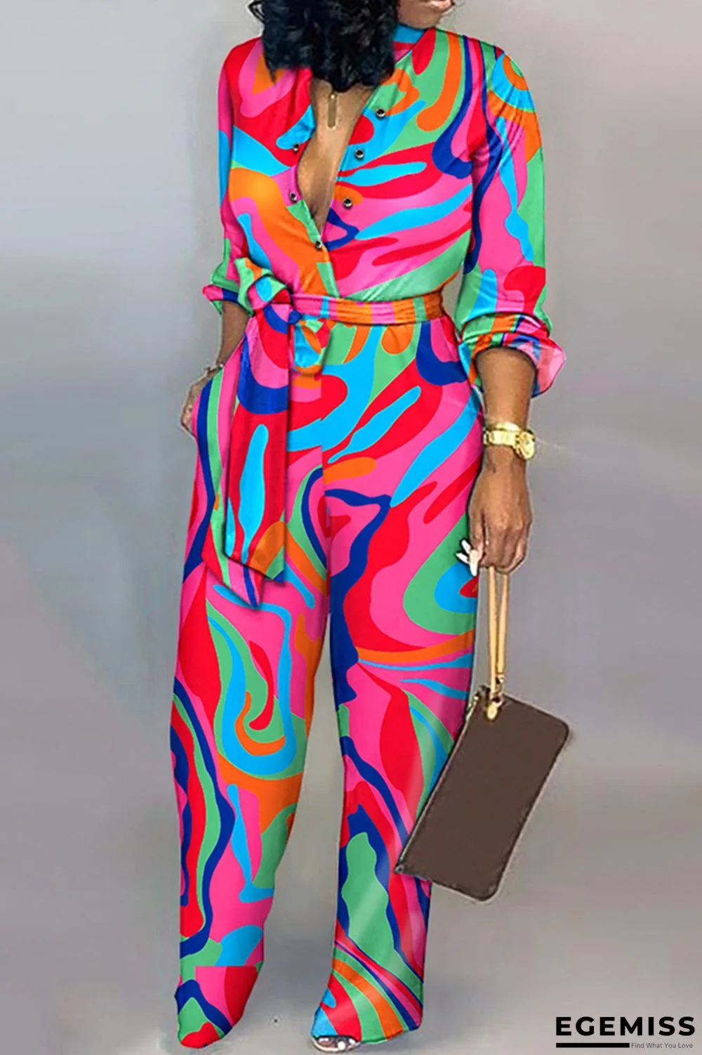 Rose Red Casual Print Patchwork Turndown Collar Regular Jumpsuits | EGEMISS