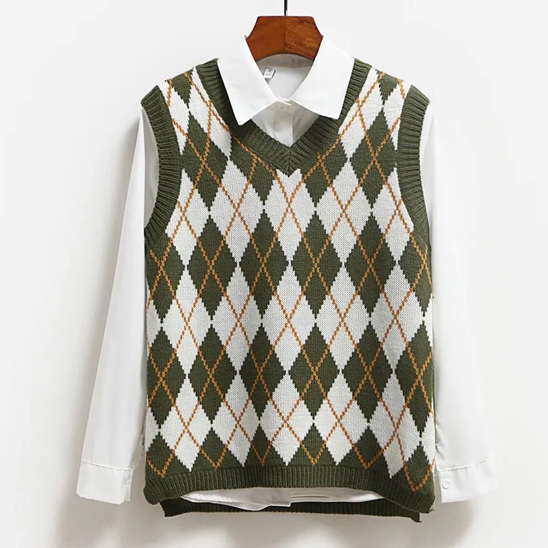 Knitted Vest Vangull Argyle Fashion  Women Casual Korean Pullover Elasticity Sweater Spring Autumn Sleeveless V-Neck Tank Tops