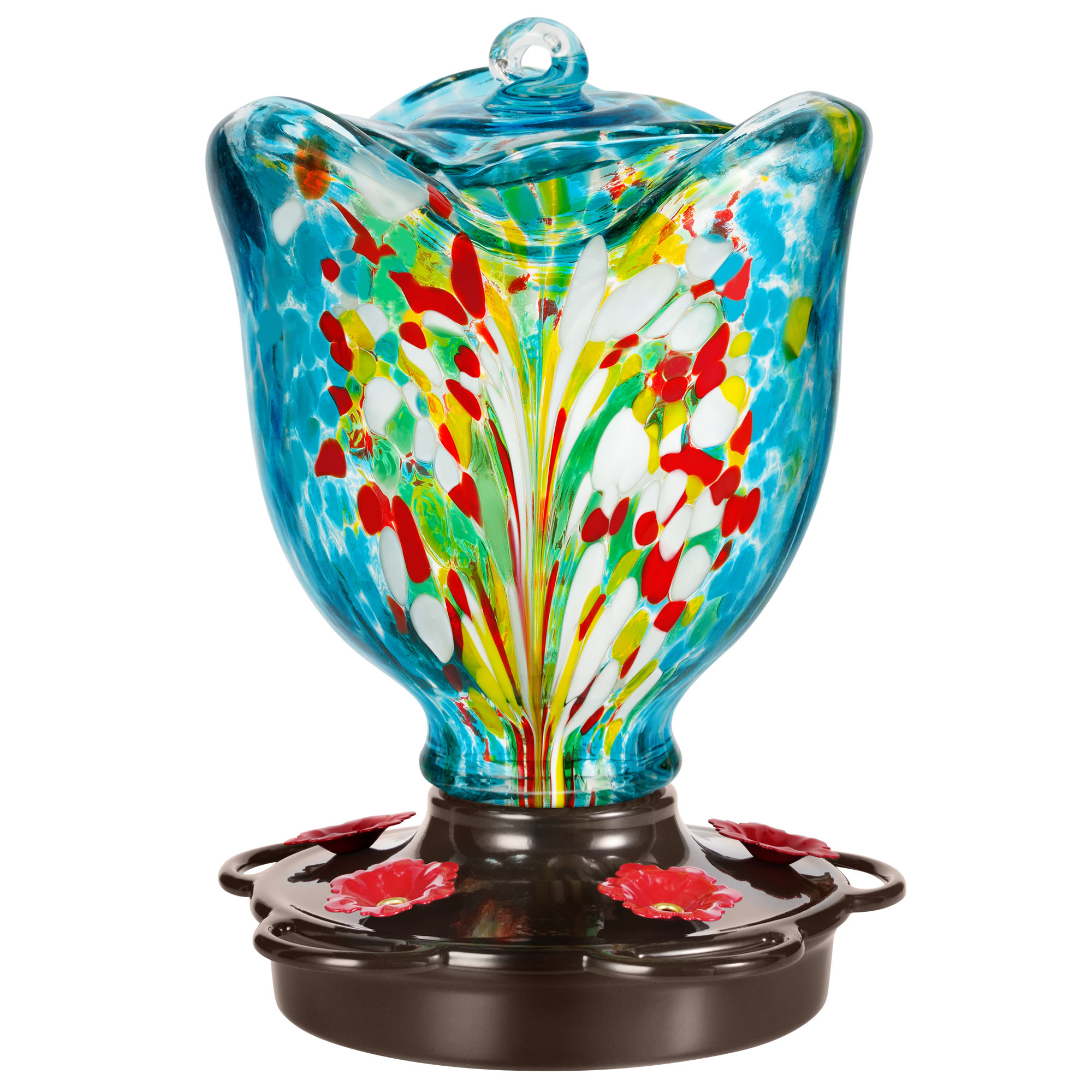 LUJOIN Rose Shaped Hummingbird Feeder for Outdoors, Hand Blown Glass, 25 fl.oz, Leak Proof & Rustproof, Includes an Ant Moat, Metal Cover with 5 Feeding Ports & 5 Perches, Blue