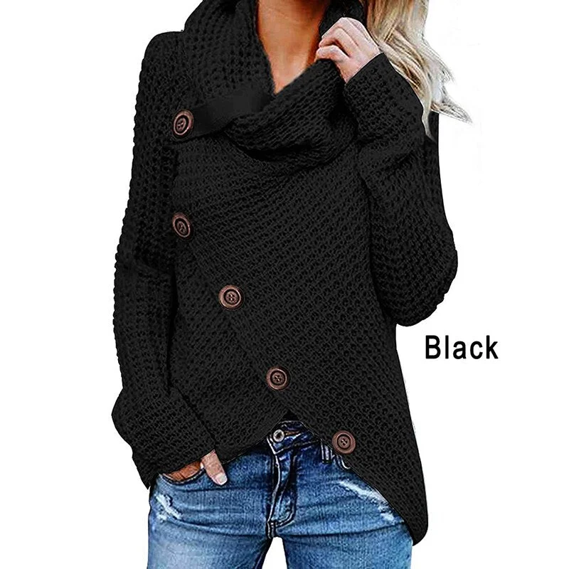 Women Turtleneck Sweaters Winter Casual Irregular Oversized Knitted Pullovers Streetwear Buttons Long Sleeve Solid Female Jumper