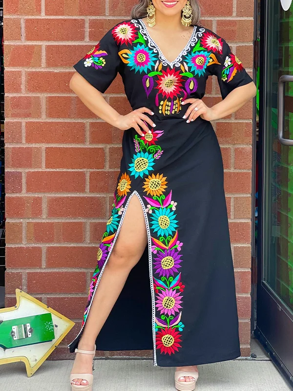 Mexican Embroidered Pattern Ladies Mid Dress