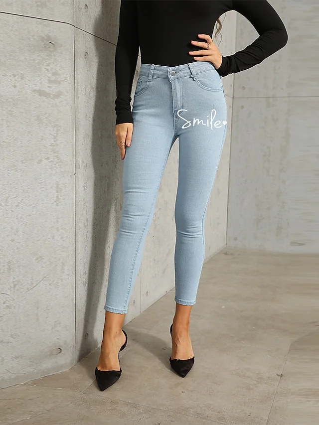 Women's Skinny Jeans Denim Light Blue Navy Black Fashion Casual Daily Side Pockets Ankle-Length Tummy Control Letter S M L XL XXL | IFYHOME