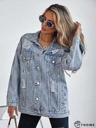 Blue Shirt Collar Plain Long Sleeve Denim Denim Jacket | IFYHOME