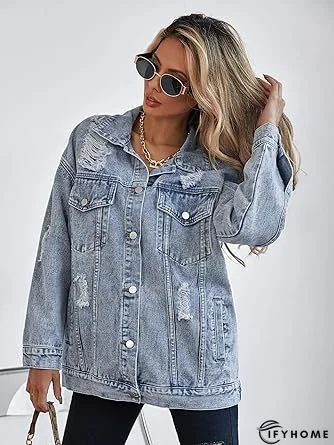 Blue Shirt Collar Plain Long Sleeve Denim Denim Jacket | IFYHOME