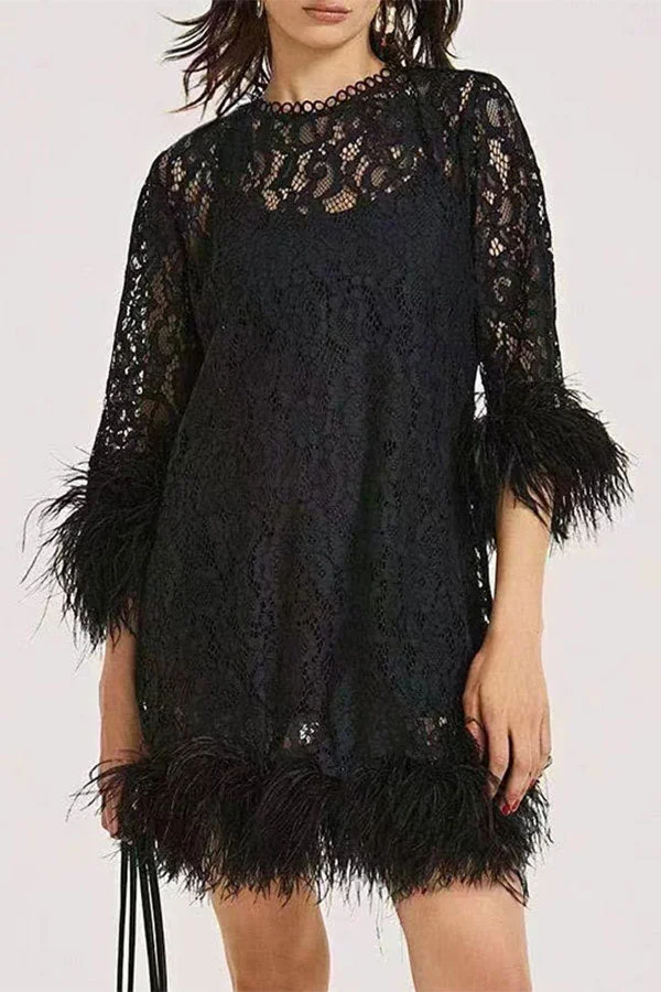 Black Feather Trim Sophisticated Lace Belted Mini Dress