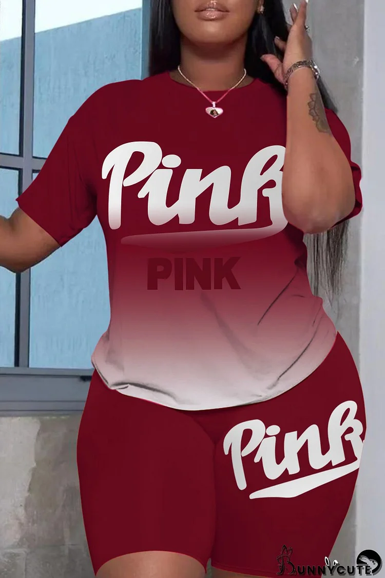 Red Fashion Casual Gradual Change Letter Print Basic O Neck Short Sleeve Two Pieces