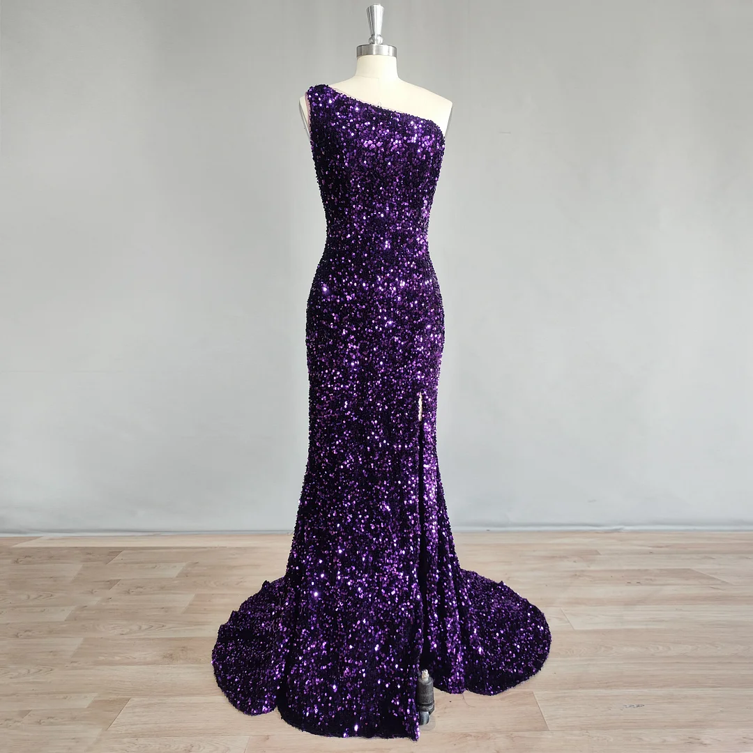 Actual Photos Purple Sequins One Shoulder Mermaid Evening Dress High Side Split Sleeveless Backless  Prom Gown