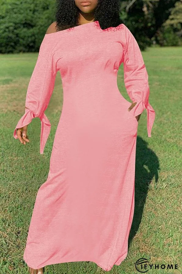 Pure Color Knotted Long Sleeve Casual Pocket Maxi Dress Plus Size | IFYHOME