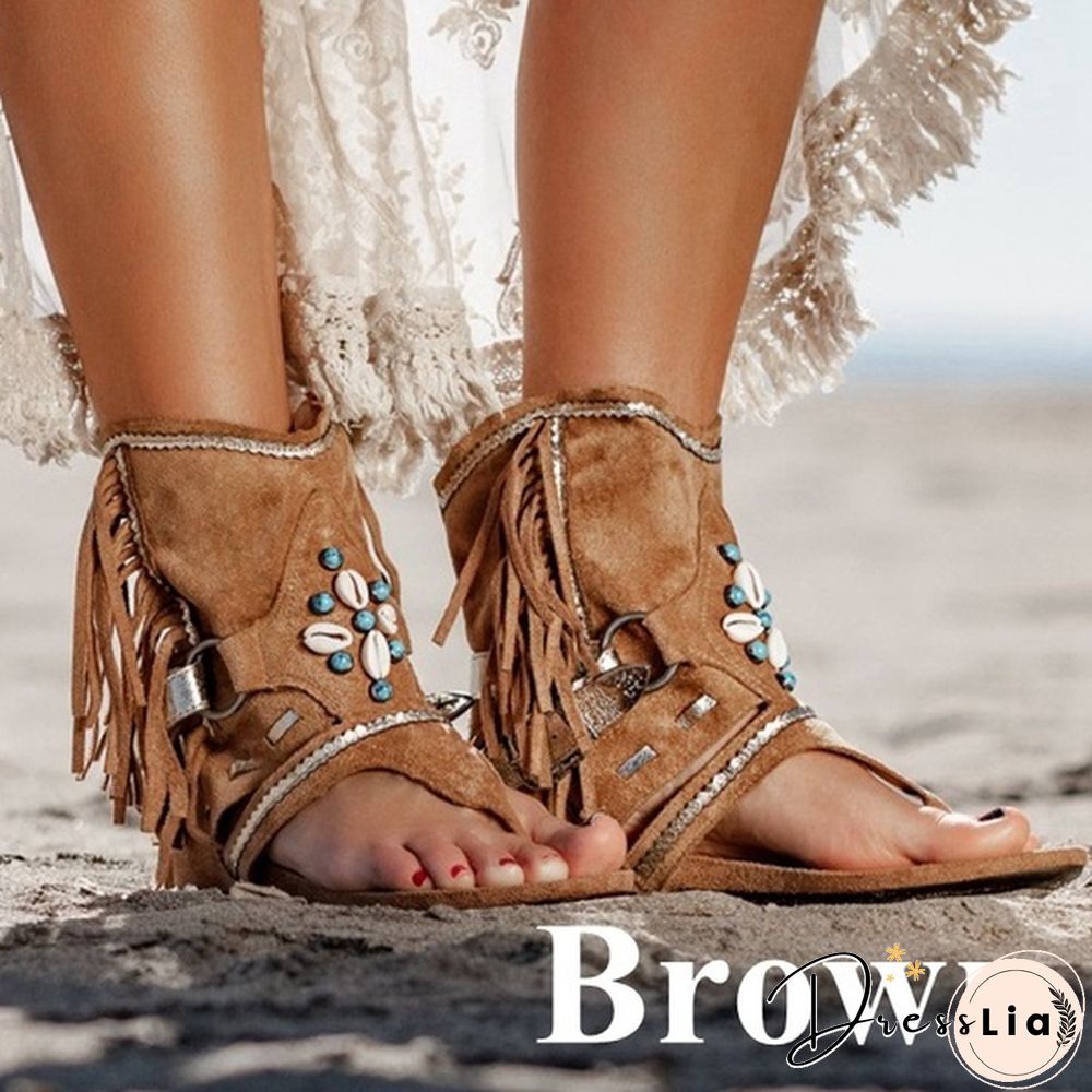 Women's Fashion Tassel Roman Boho Sandals Flock Retro Ankle Sandal Shoes Summer Flats Flip Flops Bohemian Beach Boot Shoes Plus Size