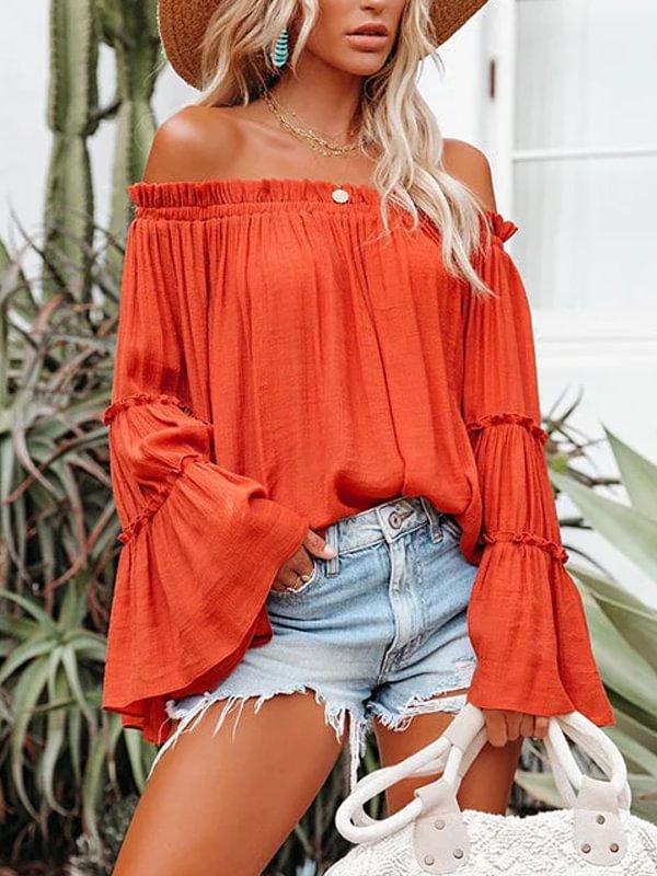 Solid Pleated Puff Sleeve Off-Shoulder Shirt