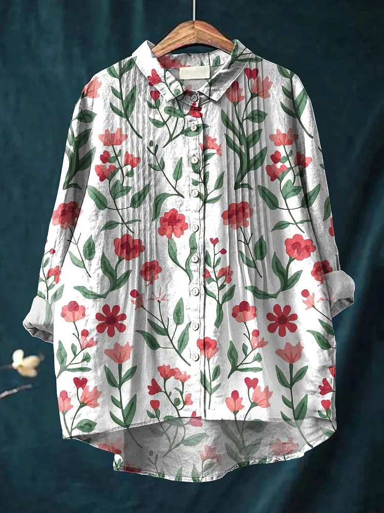 Women's Simple Floral Pattern Art Print Casual Cotton And Linen Ruffle Shirt