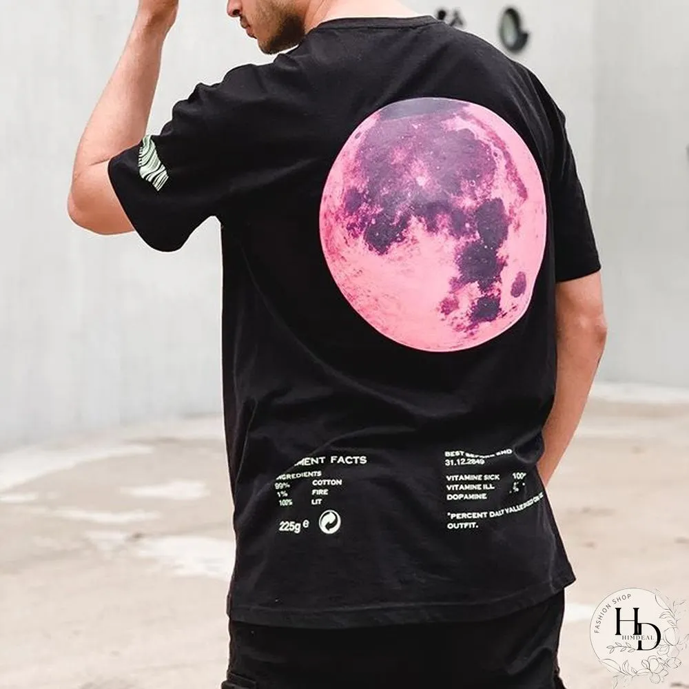 Fashion Moon Mens Black Graphic Vintage  Short Sleeved T Shirt