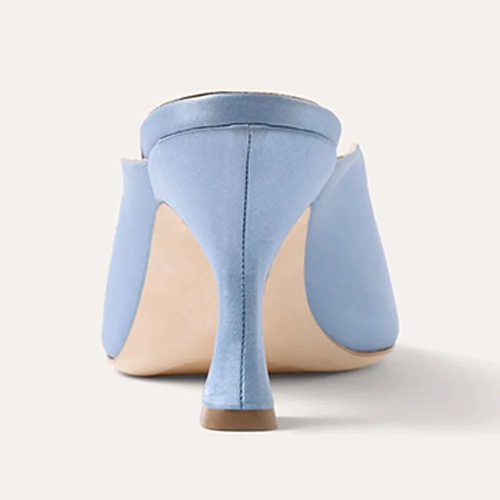 Light Blue Satin Square Toe Slip On Flared High Heel Mules