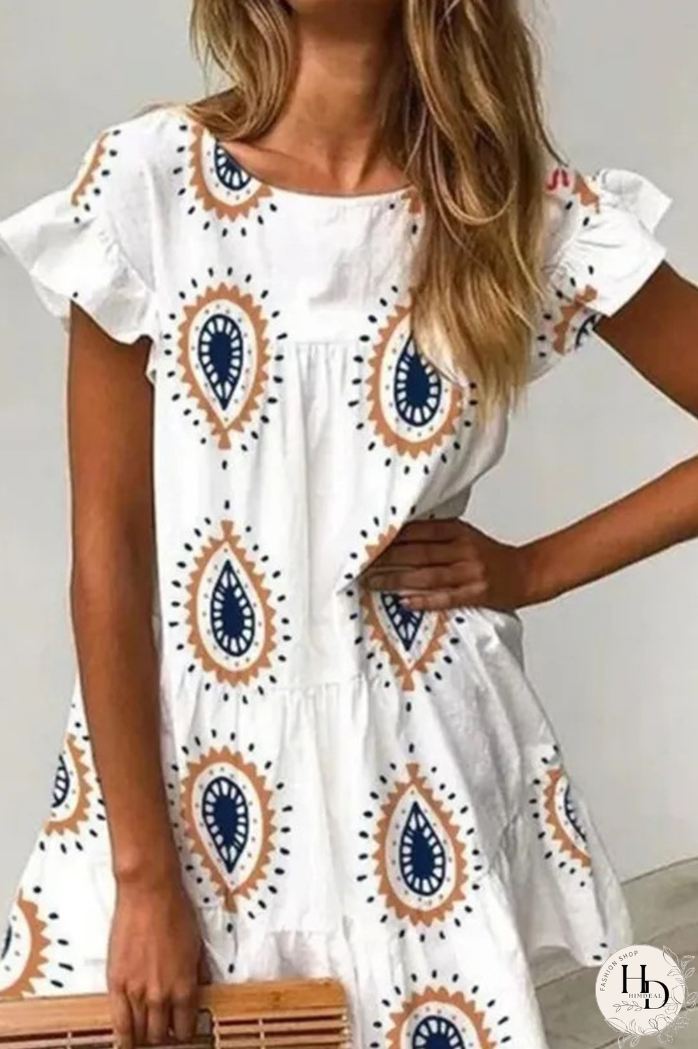 Print Split Joint O Neck Mini Dresses