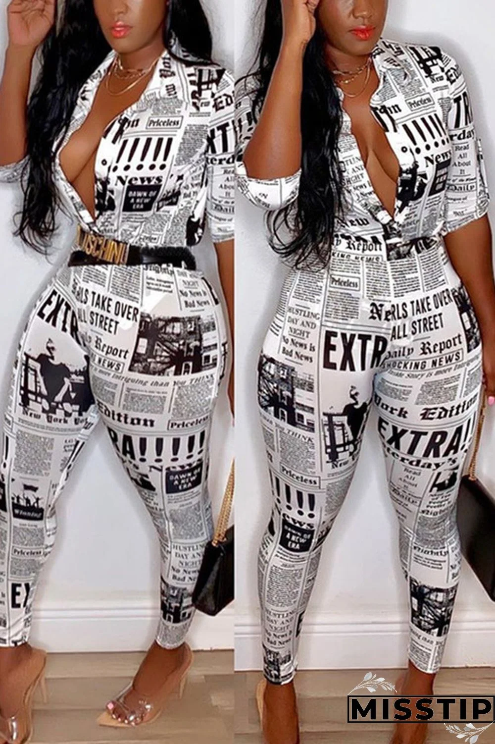 Blue Fashion Sexy Slim fit Two Piece Suits Geometric Letter asymmetrical Print Skinny Half Slee