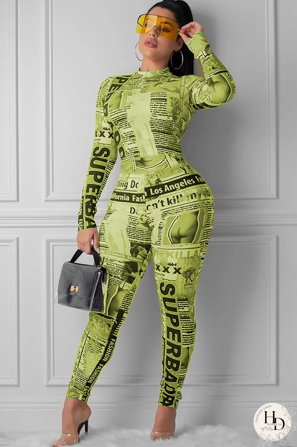 Yellow Sexy zipper letter Print Polyester Long Sleeve O Neck Jumpsuits