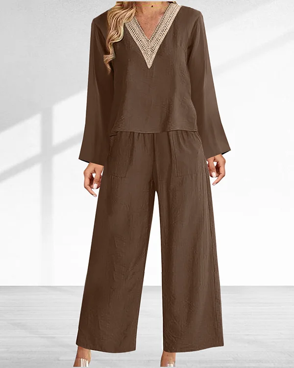 Casual and Comfortable Long Sleeve Boho V Neck Two-piece Suit