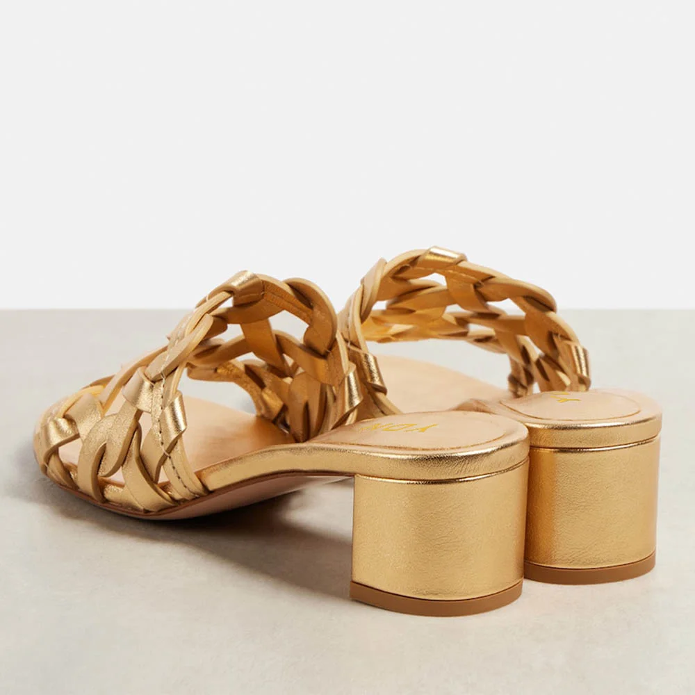 Gold Metallic Finish Open Toe Block Heel Woven Mules Sandals