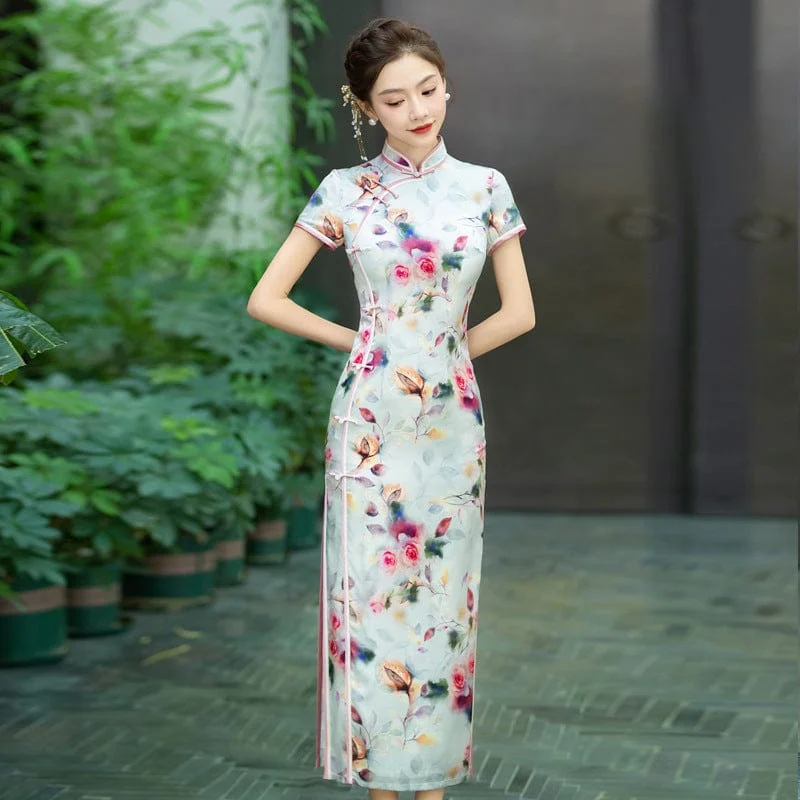 Rose print, 19 mome mulberry silk, high-end long Cheongsam