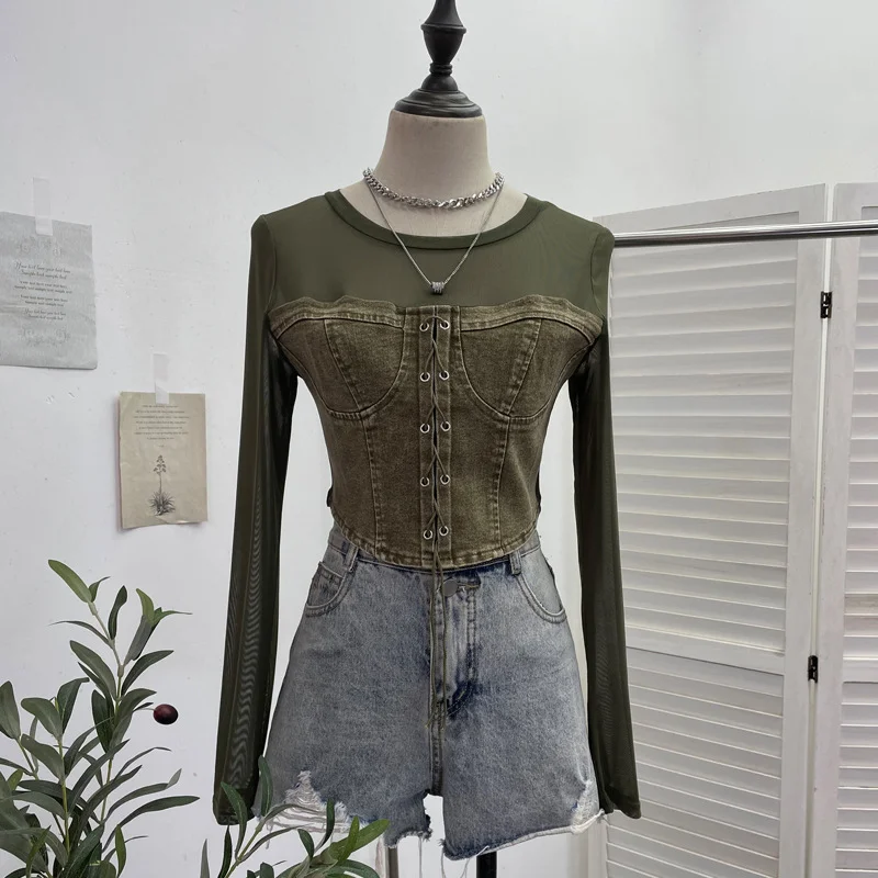 Uveng Real Shooting Denim Splicing Mesh Design Long-Sleeved T-Shirt Wearing Rope Tie Short Repair Body Coat 2638