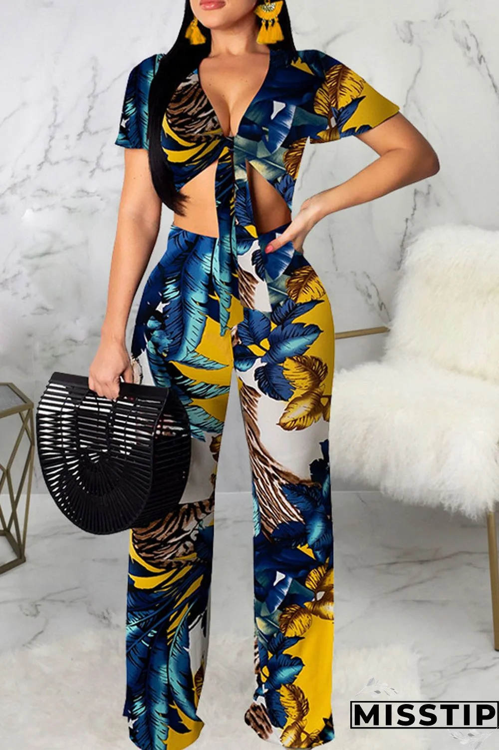 Blue Sexy Print Bandage Patchwork V Neck Short Sleeve Two Pieces